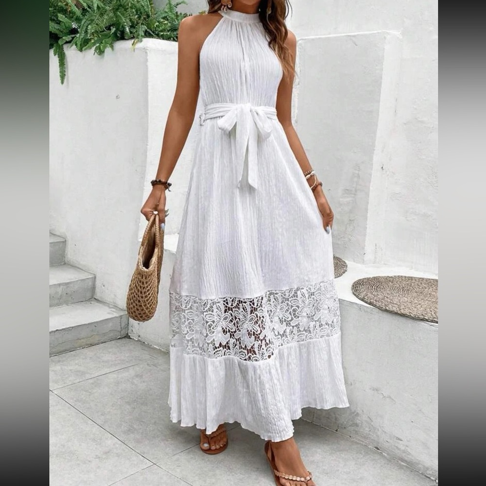 Boho lace ruffle hem belted halter maxi dress